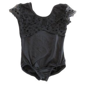 Black Leotard with Shimmery Polka Dot Mesh Ruffles and Flutter Sleeves